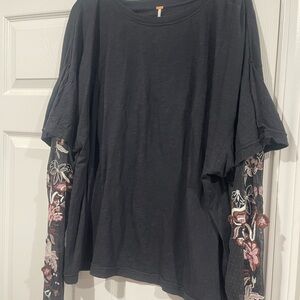 Madewell Black Top with Floral Embroidered Sleeves